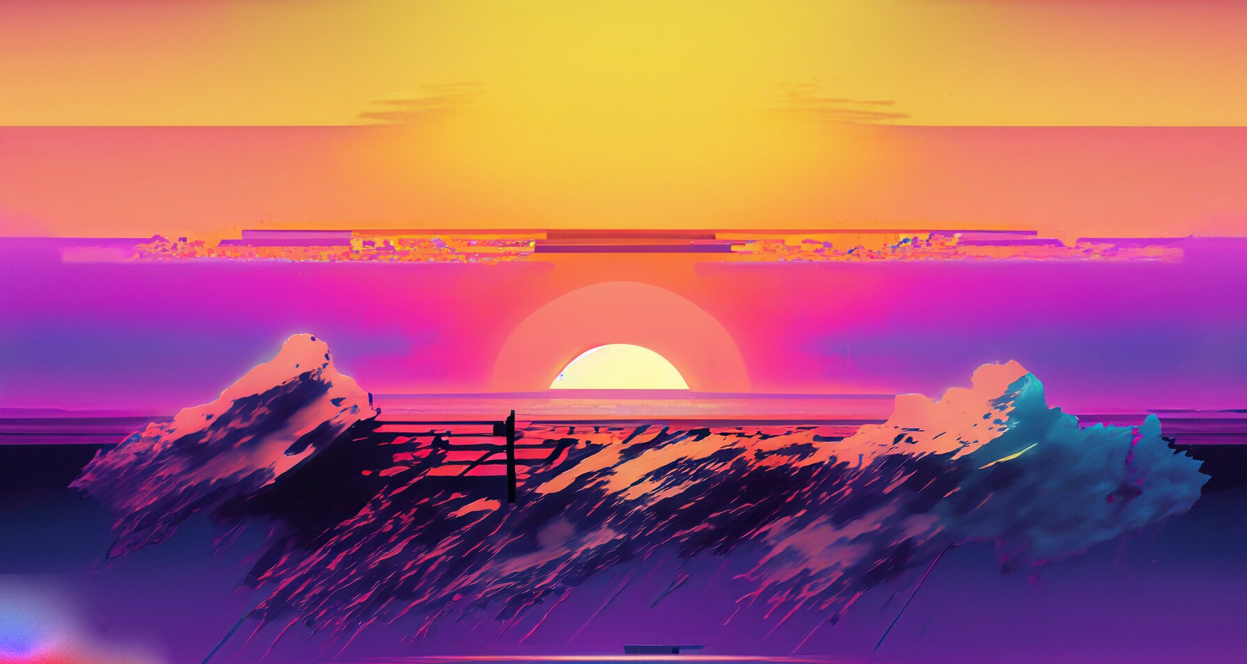 a beautiful gradient sunset interrupted by glitches of low bit sludge